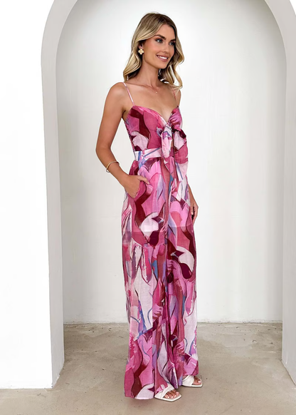 Annalise - Chic Printed Suspender Strap Long Dress